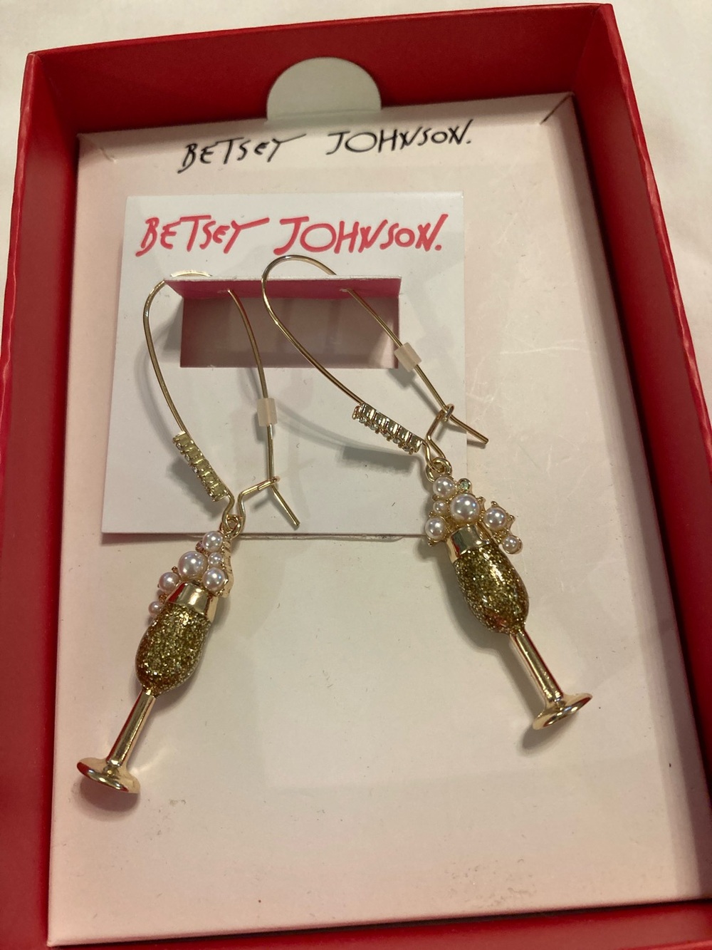 Betsey Johnson Gold Glitter Champagne Glass Earrings with Pearl Accents